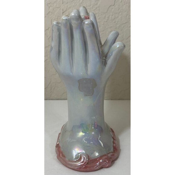 Pearl & Pink Ceramic Hands Holding Cross and Roses Flowers Christian Religious - Picture 4 of 6
